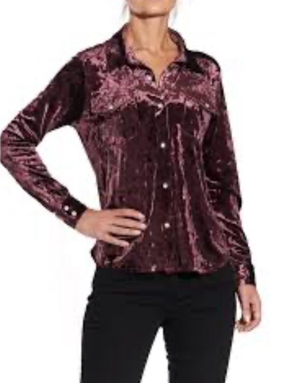 Oat New York Women's Velvet Western Shirt in Rich Burgundy w/Pearl Snaps Size S
